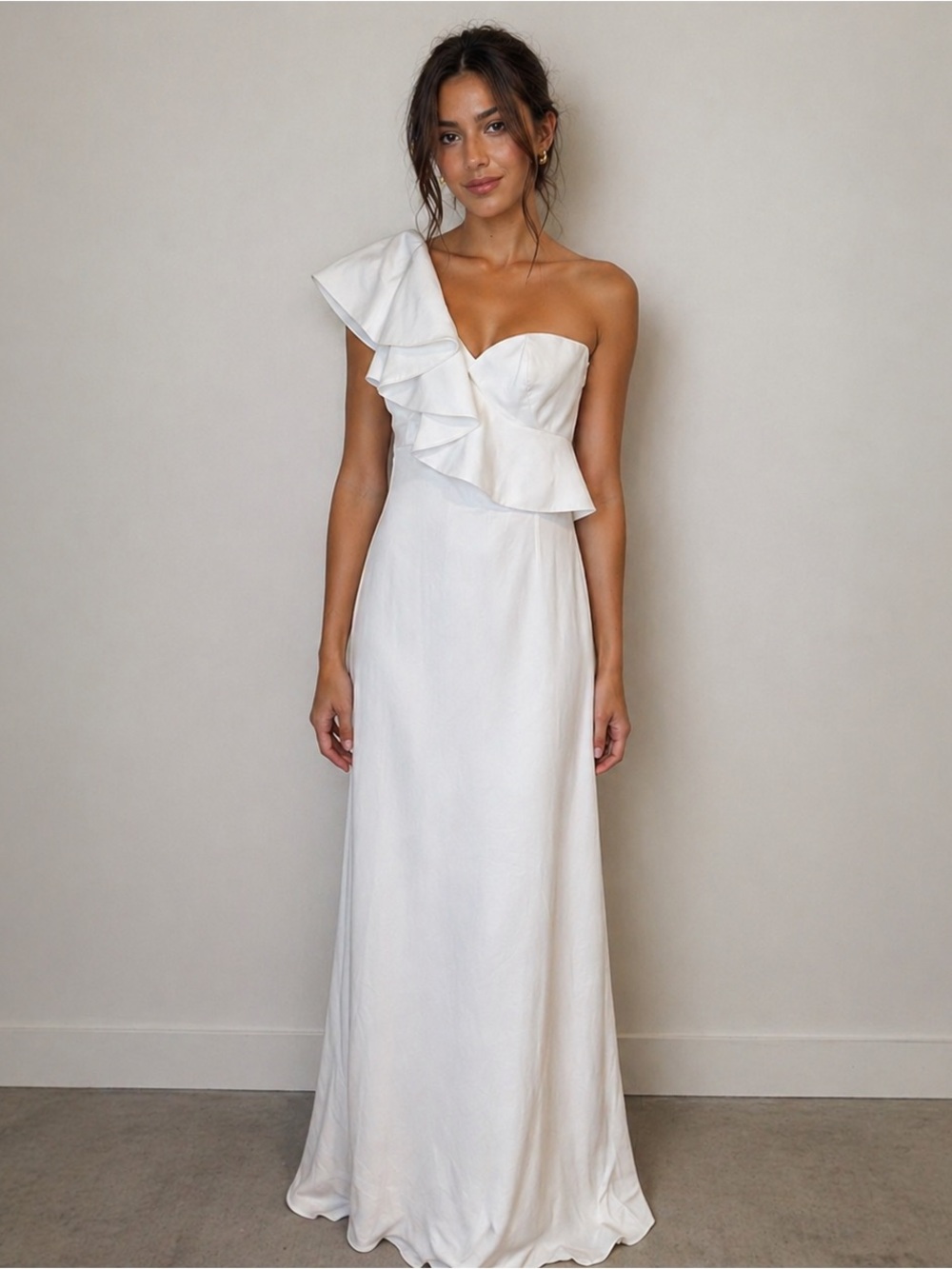 JAYGODFREY Dress White One-Shoulder Gown Formal Wedding Bridal Ruffle Maxi NWT